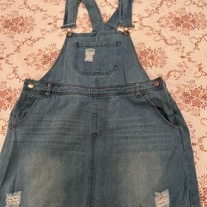Denim Overall Dress with Distressed Details - Blue